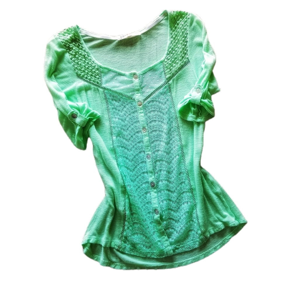 Jolt Mint Green Medium Pearl Button Lace Cardigan